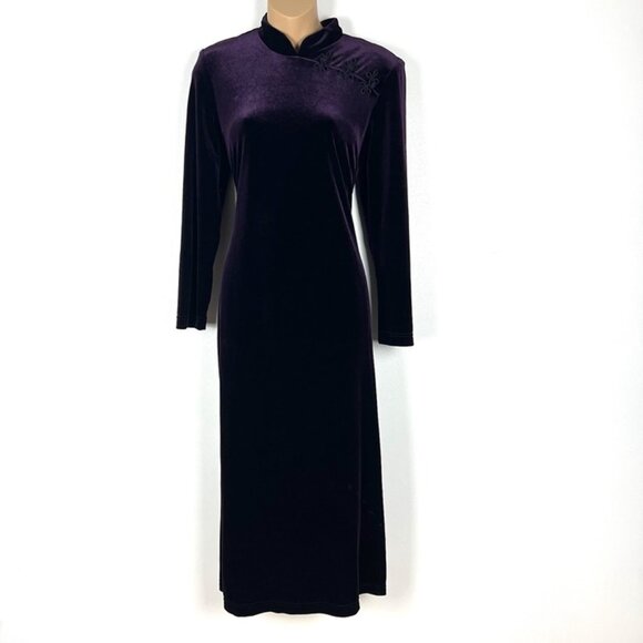 VTG Purple Velvet Maxi Dress 10P Cheongsam Qipao Y2K Asian Whimsygoth Mandarin - Picture 1 of 10